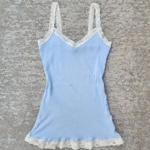 Y2K Derek Heart Baby Blue Ribbed Tank With Cream Lace,‎ Size M